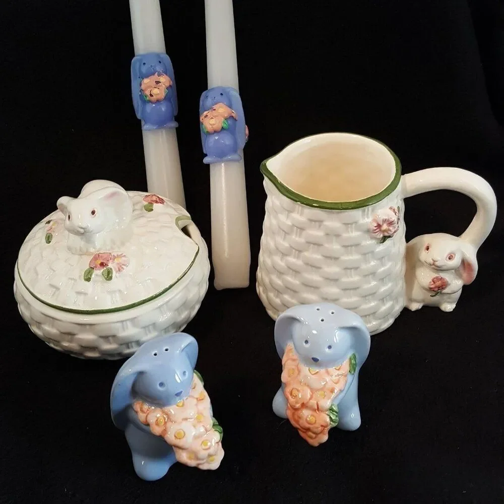 Vintage Avon Bunny Easter Taper Candles Salt Pepper Sugar Creamer Rabbits Lot